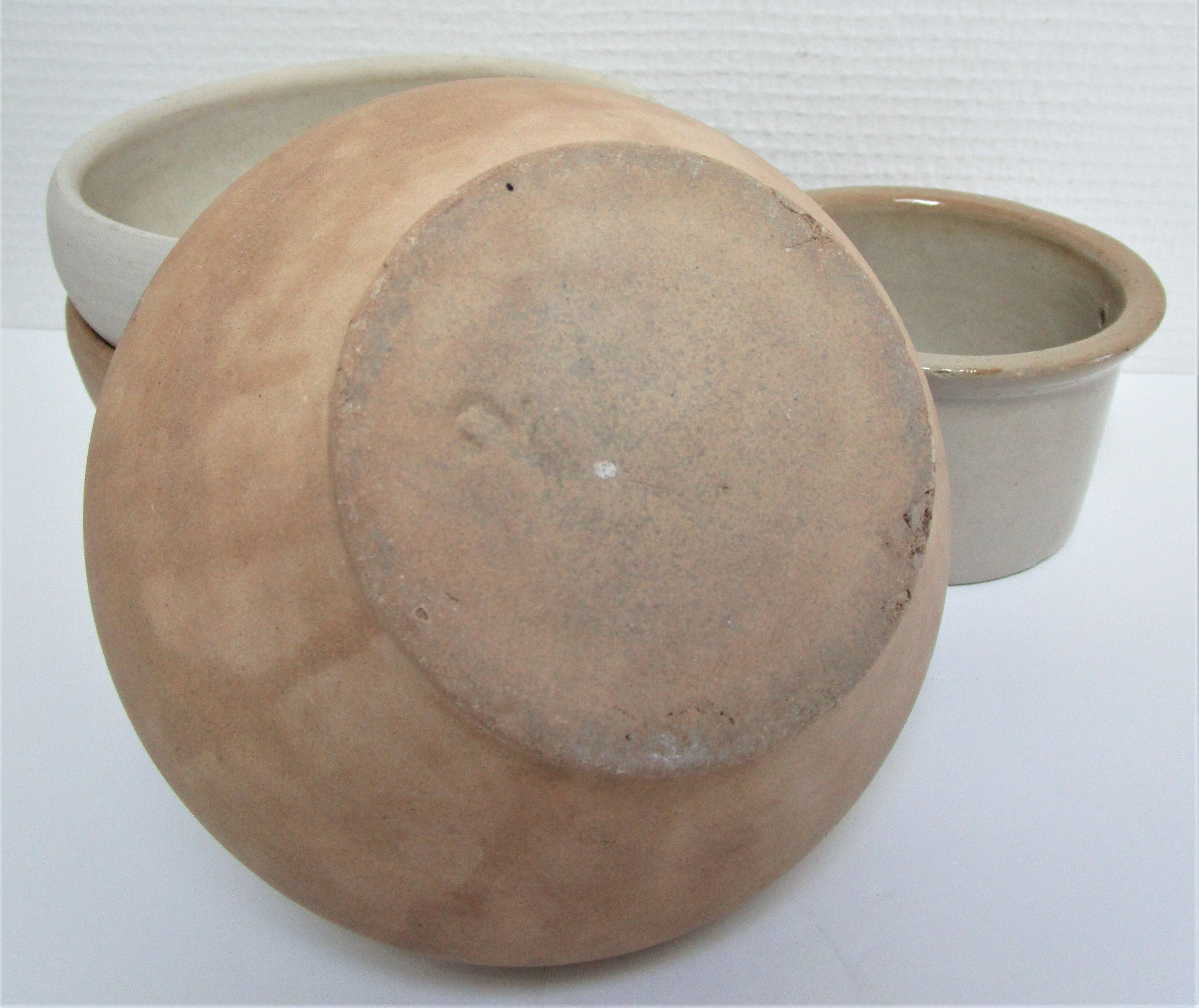 Three XL bowls and old stoneware dish