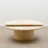 Travertine coffee table with swiveling top.