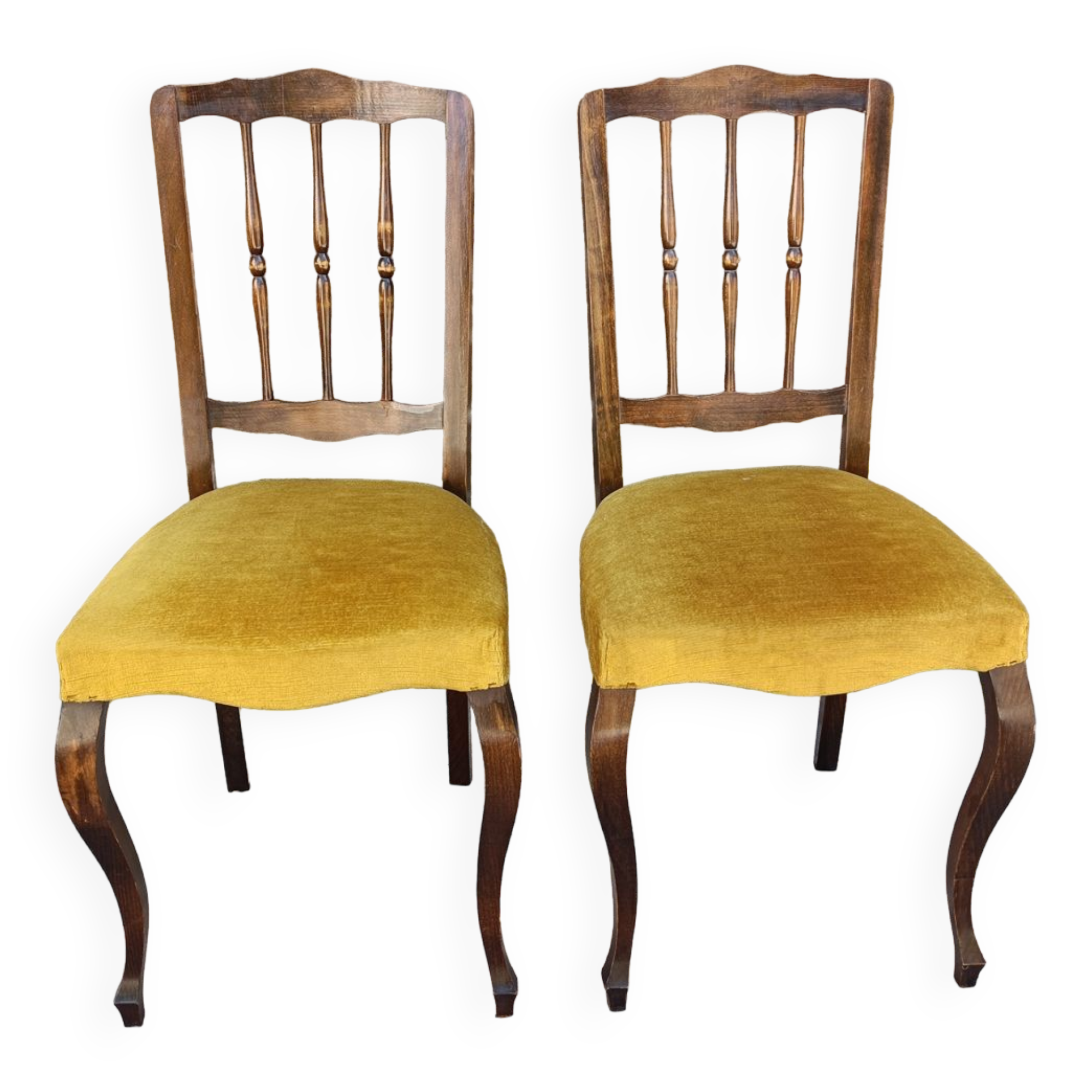 Pair of Louis Philippe chairs, wood and yellow ochre velvet, vintage, 60s