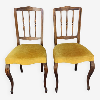 Pair of Louis Philippe chairs, wood and yellow ochre velvet, vintage, 60s