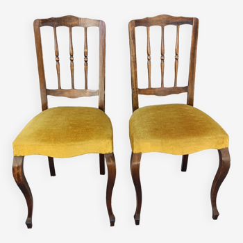 Paire de chaises Louis Philippe, bois et velours ocre jaune, vintage, années 60