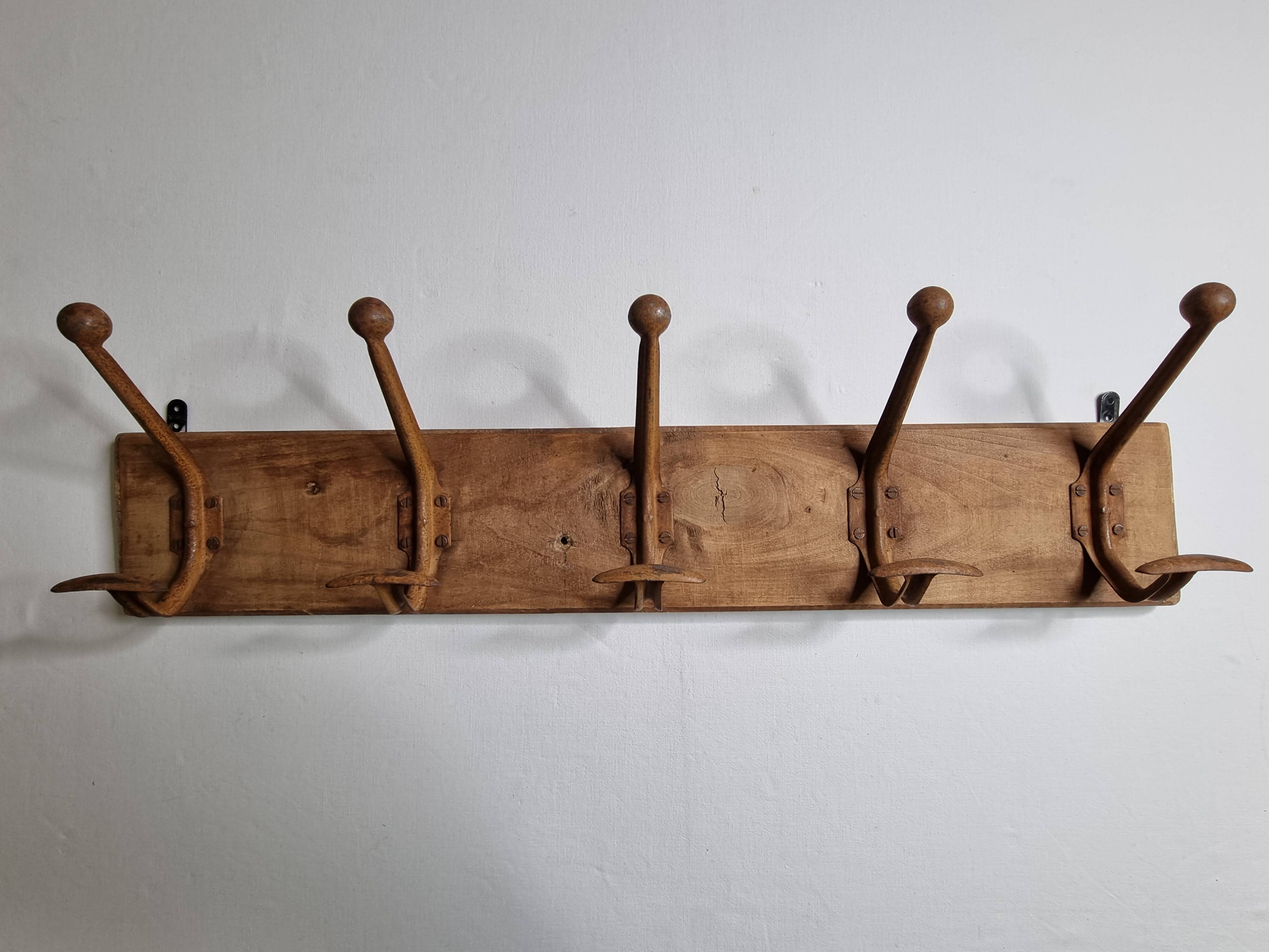 School wall coat rack, old, 5 hooks, 81 cm