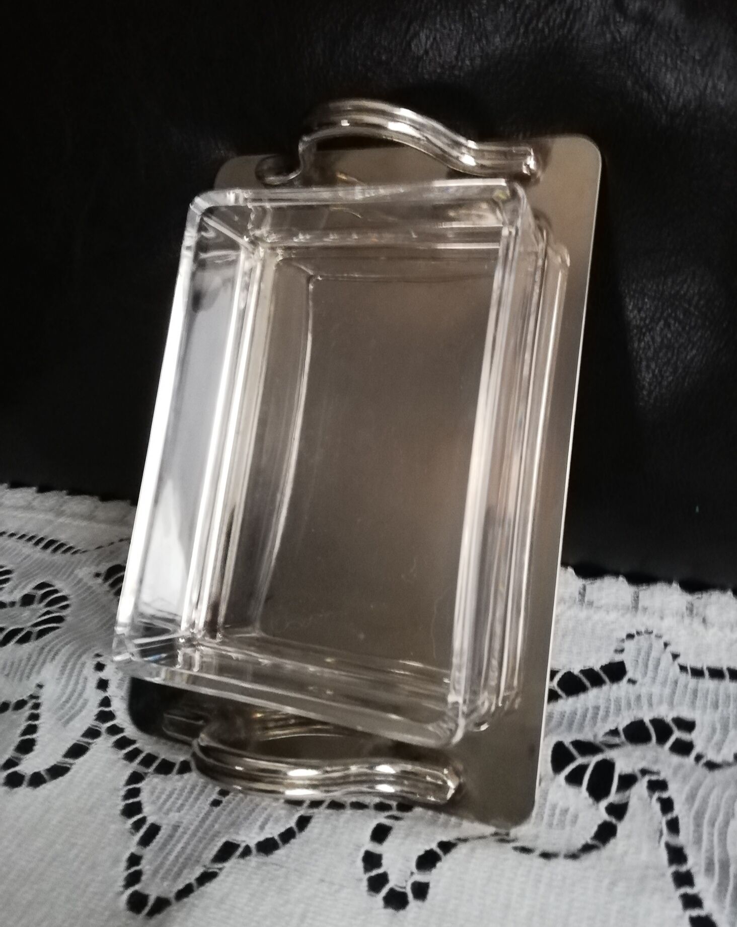 Art deco glass and silver metal butter dish