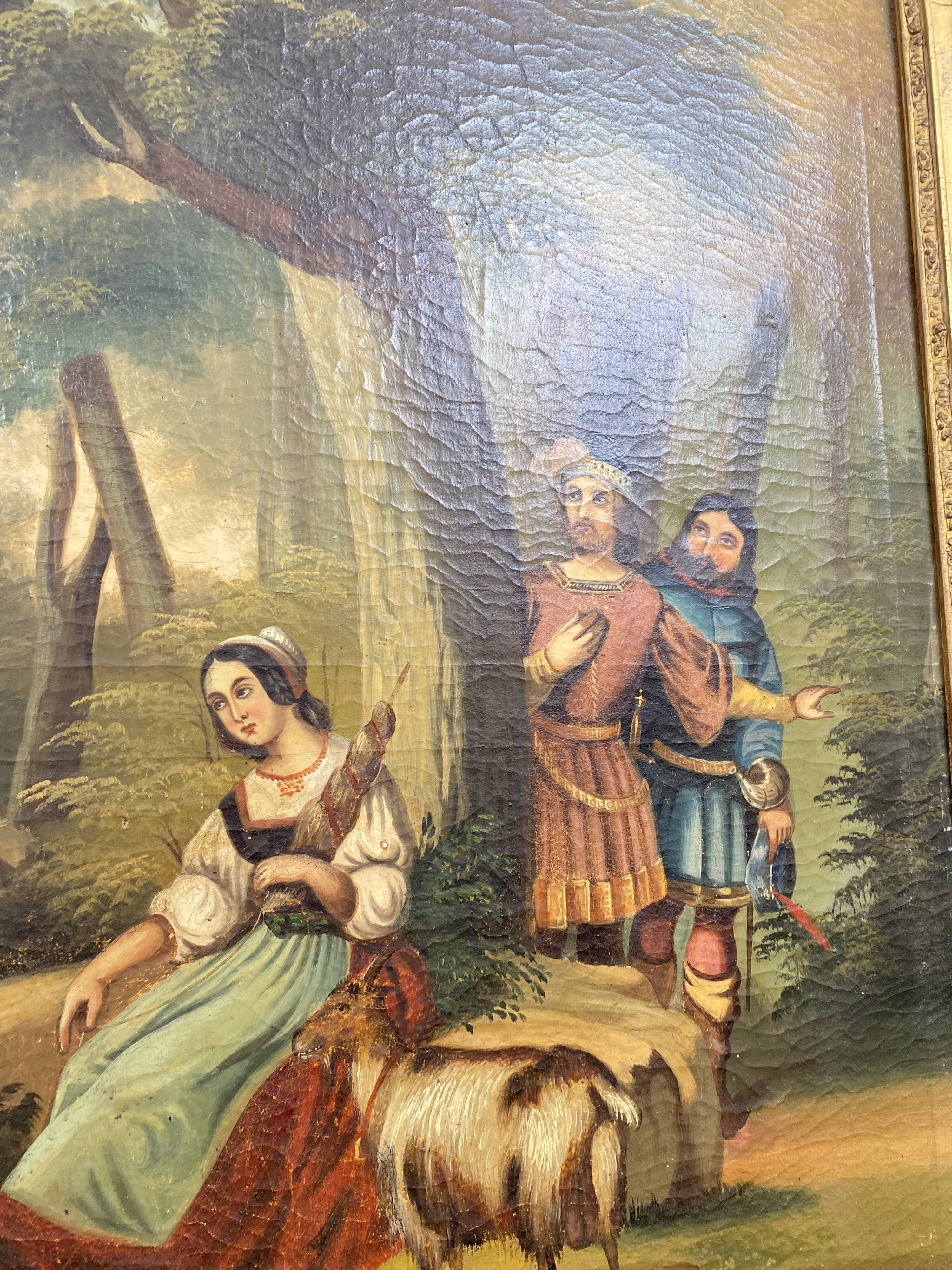 19th century gilded wooden trumeau with romantic scene - 69cm x 140cm