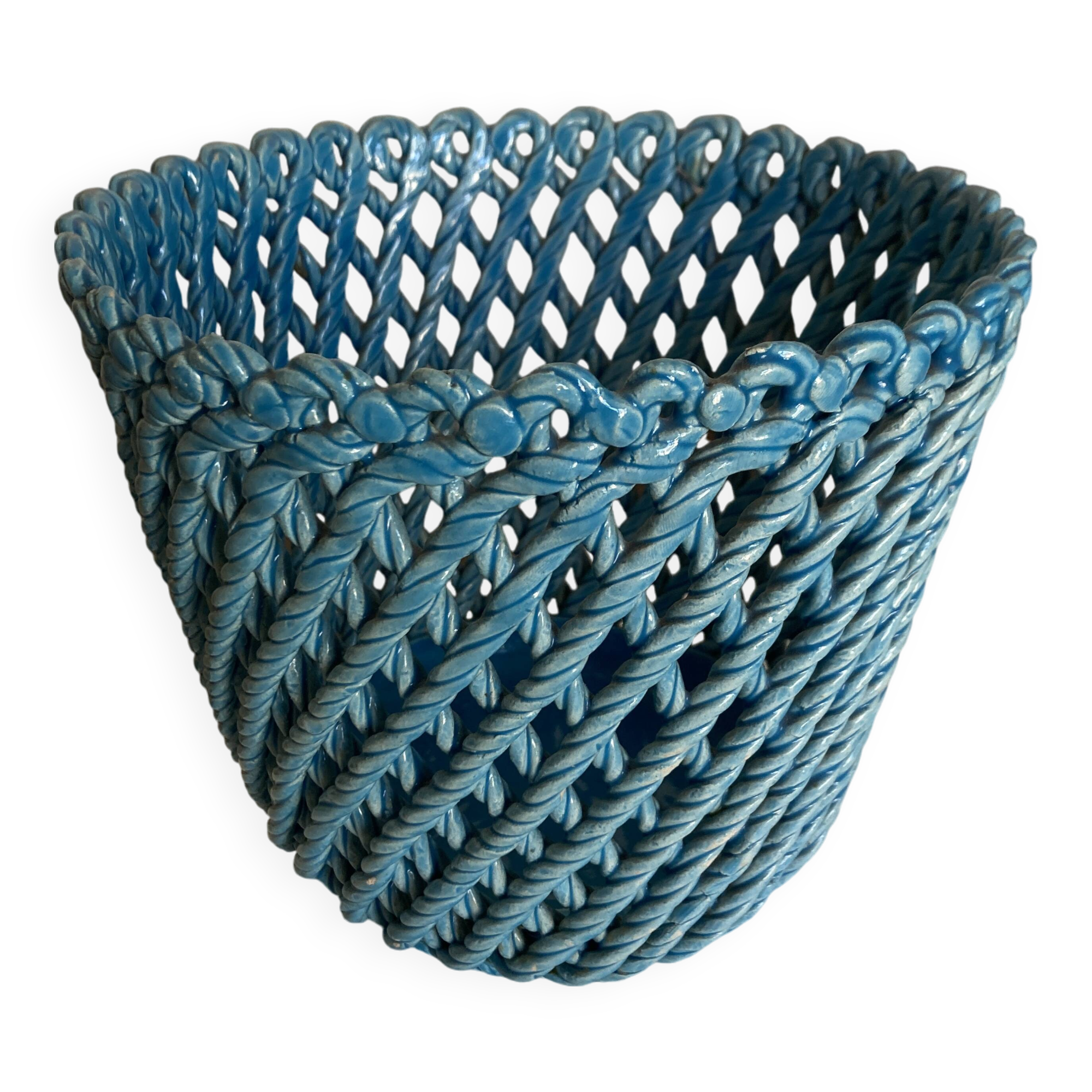 Turquoise woven ceramic cachepot, Italian work, 1960s