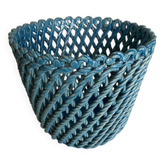 Cache pot de céramique tressée turquoise travail italien 1960
