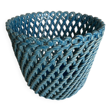 Turquoise woven ceramic cachepot, Italian work, 1960s