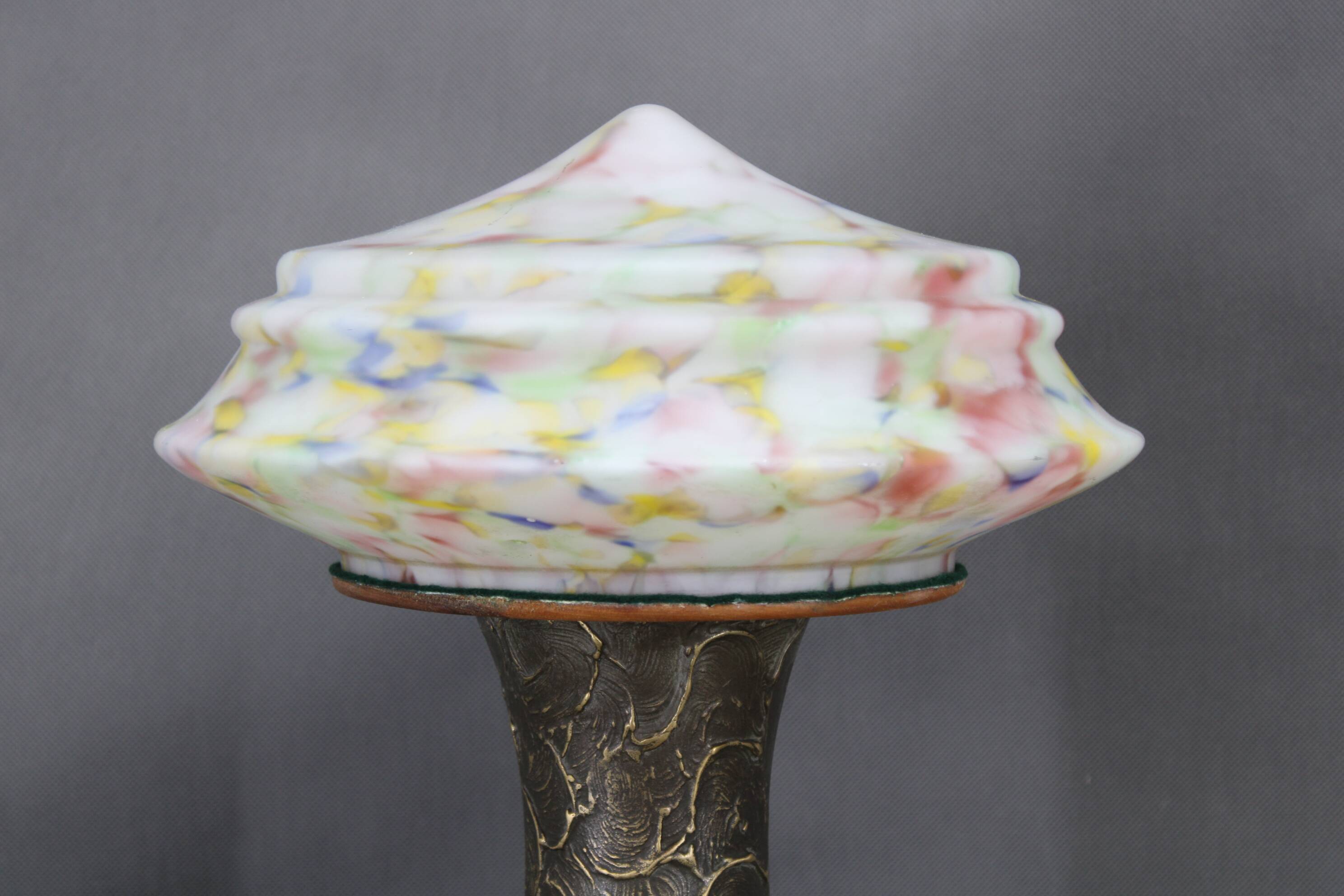 1940s restored brass table lamp with wooden base and glass shade