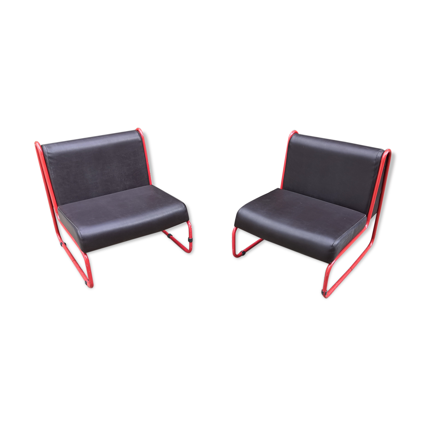 Pair of vintage drivers in red steel and skaï, France 1970