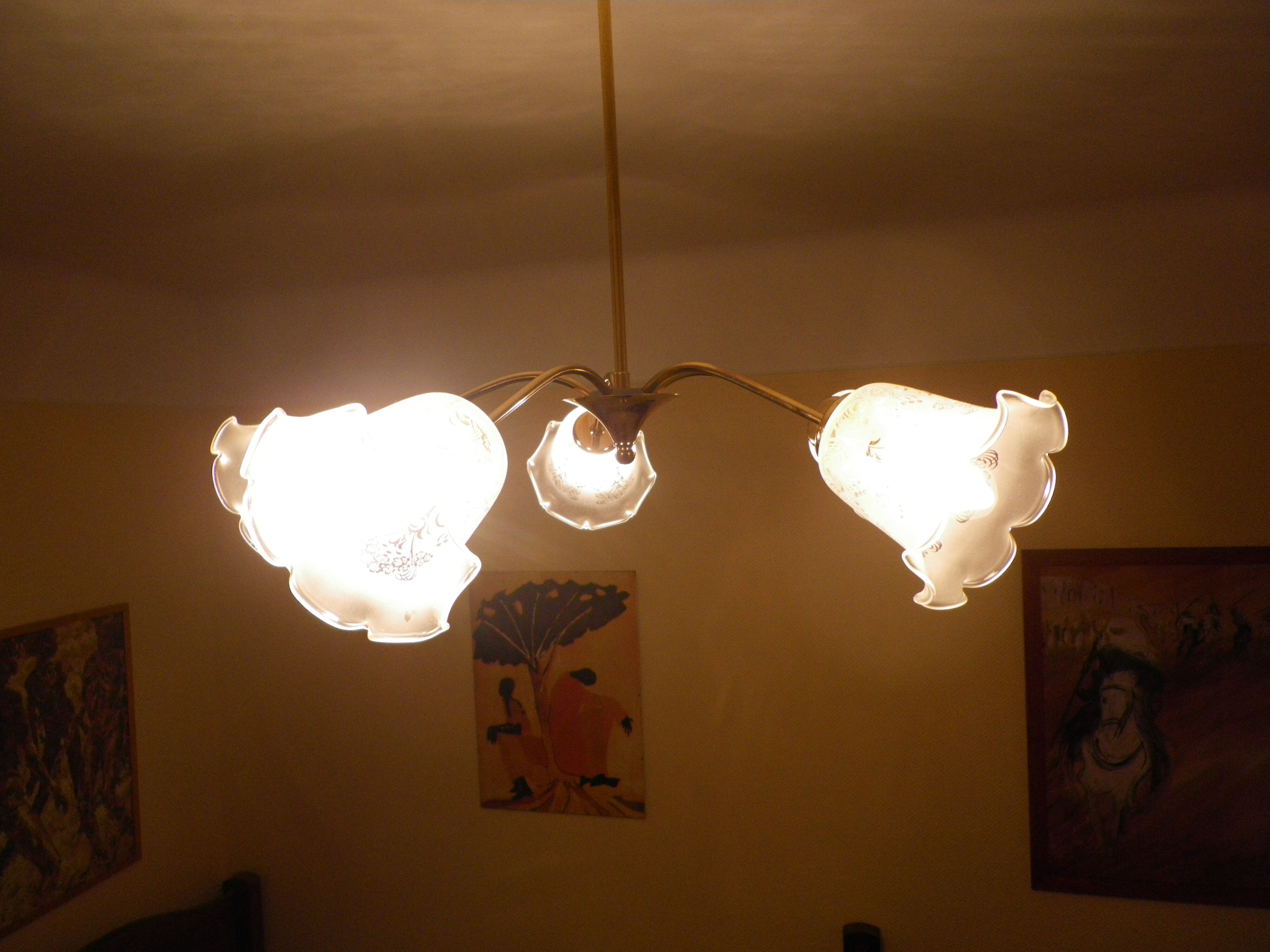 Gilded metal chandelier, 5 branches, opaque glass cupola - 60s/70s