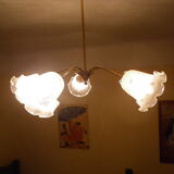 Gilded metal chandelier, 5 branches, opaque glass cupola - 60s/70s