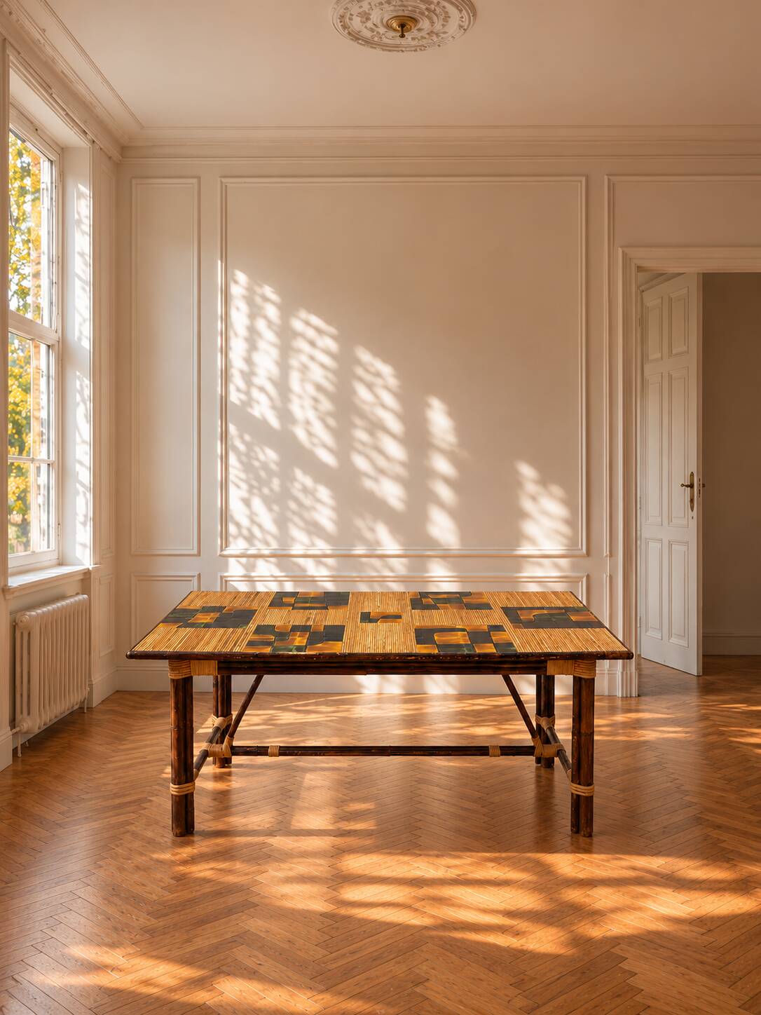 Dining table in stained rattan, bamboo and ceramic - audoux & minet