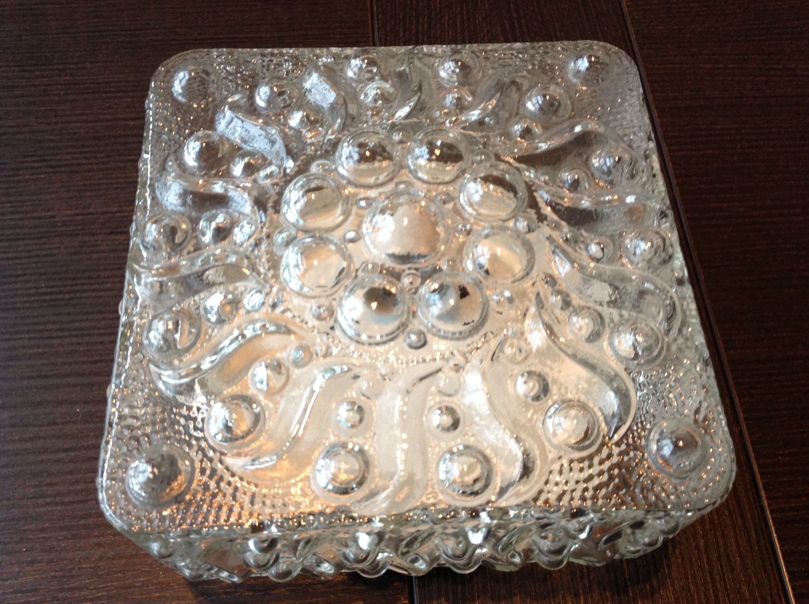 Square ceiling lamp in bubbled glass 60/70s