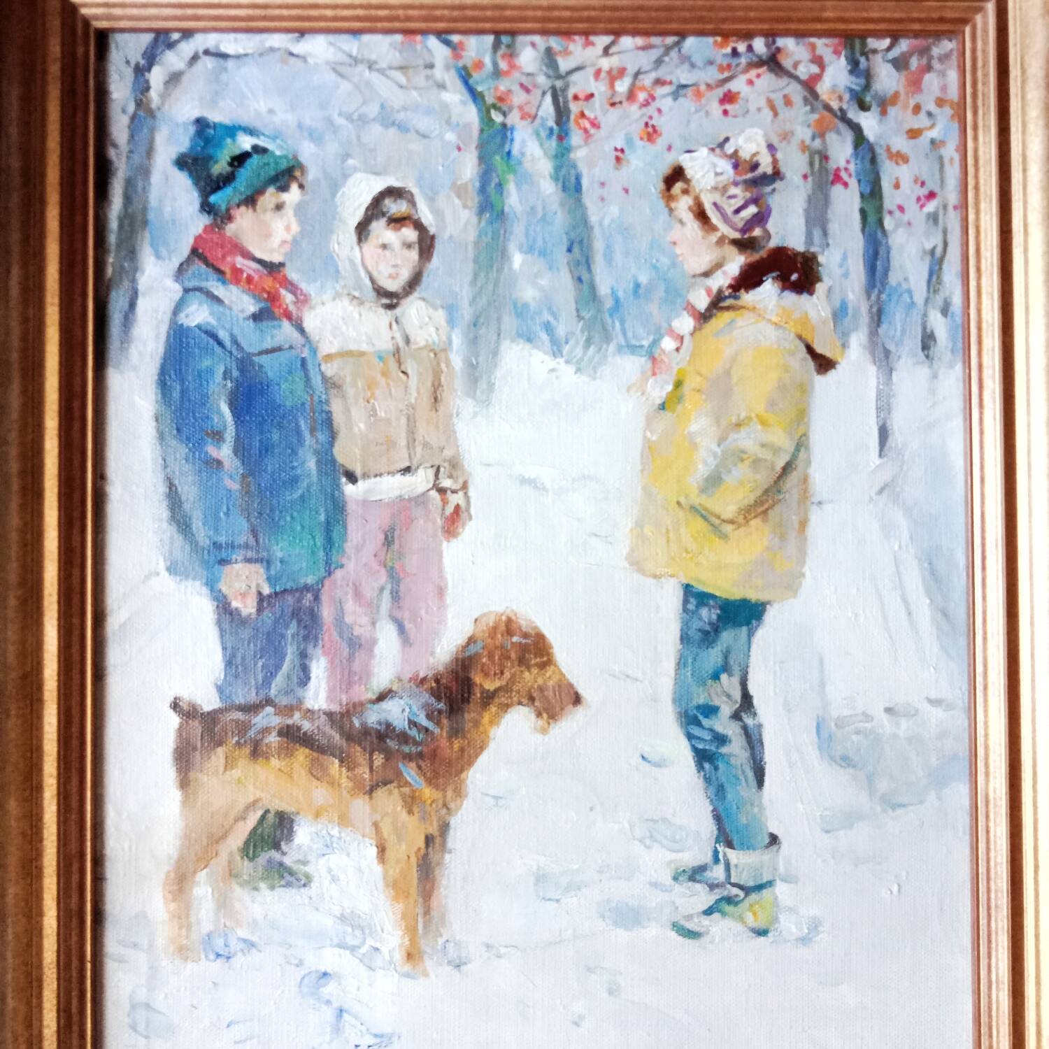 Animated Snowy Landscape Painting Children and their Dog Signed Canvas 20th Century Frame