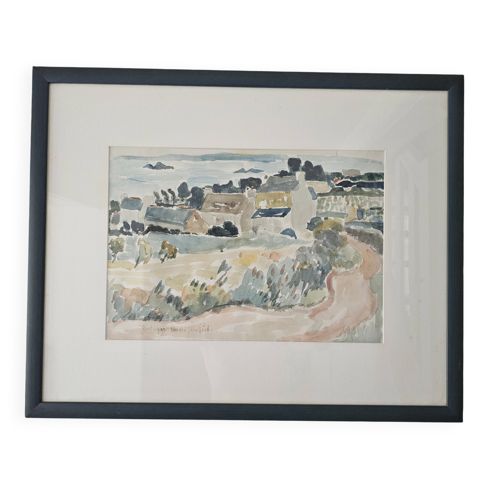Tableau - Watercolour Landscape Brittany - Breton village - Signed André Jean Co