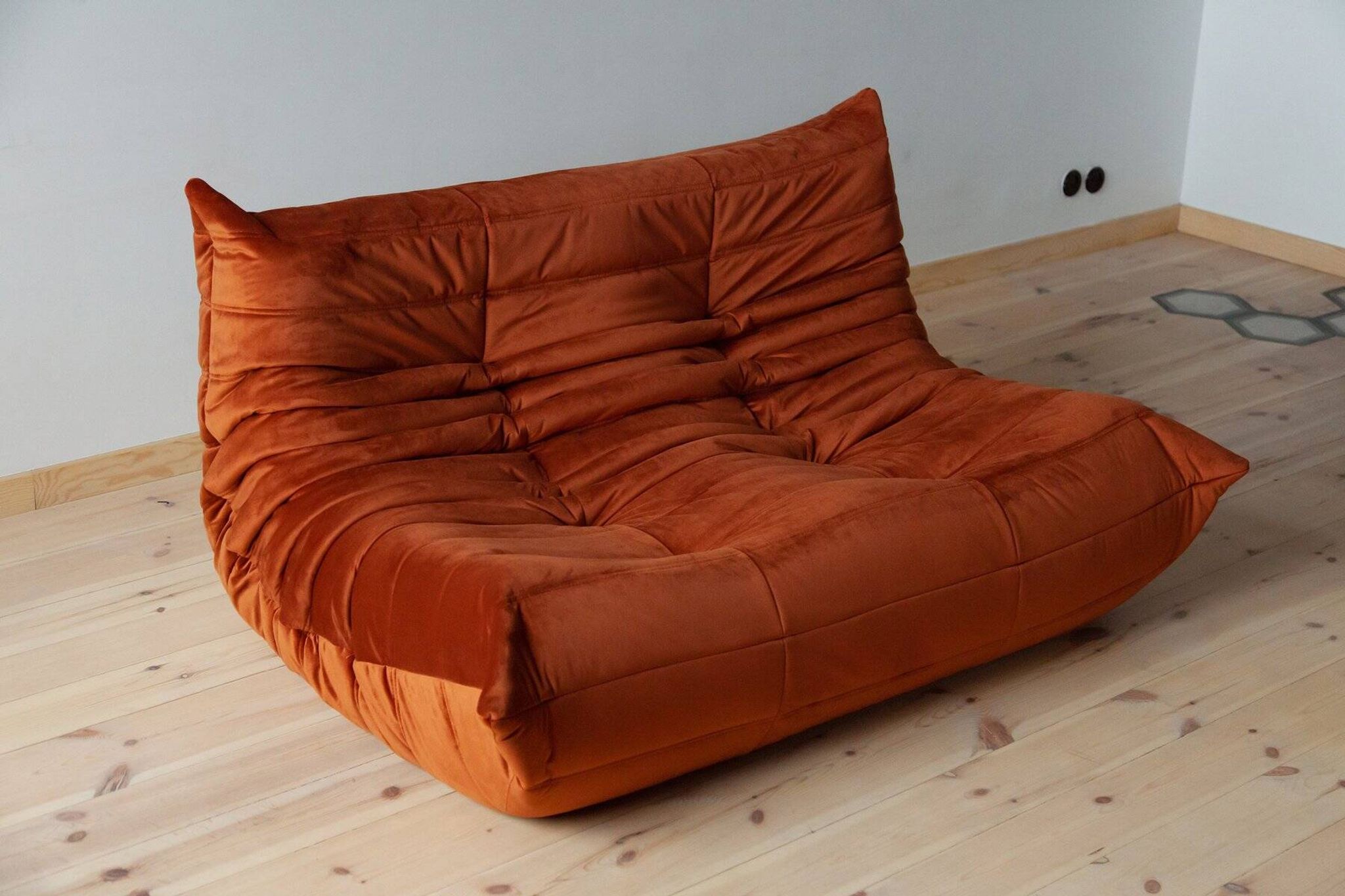 Togo two-seater sofa in amber orange velvet by Michel Ducaroy for Ligne Roset, 1973