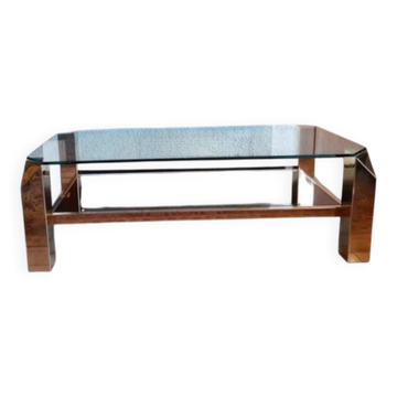 Table basse Belgochrom plaquée or 23K avec pieds facettés, années 1970