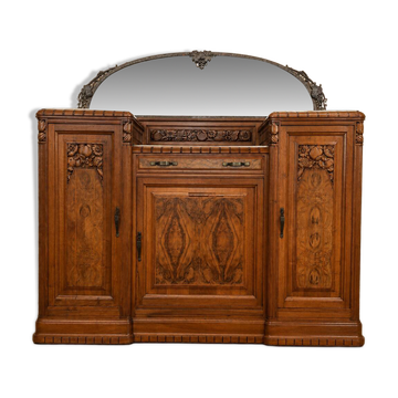 Art Deco buffet in carved walnut with wrought iron mirror – circa 1930