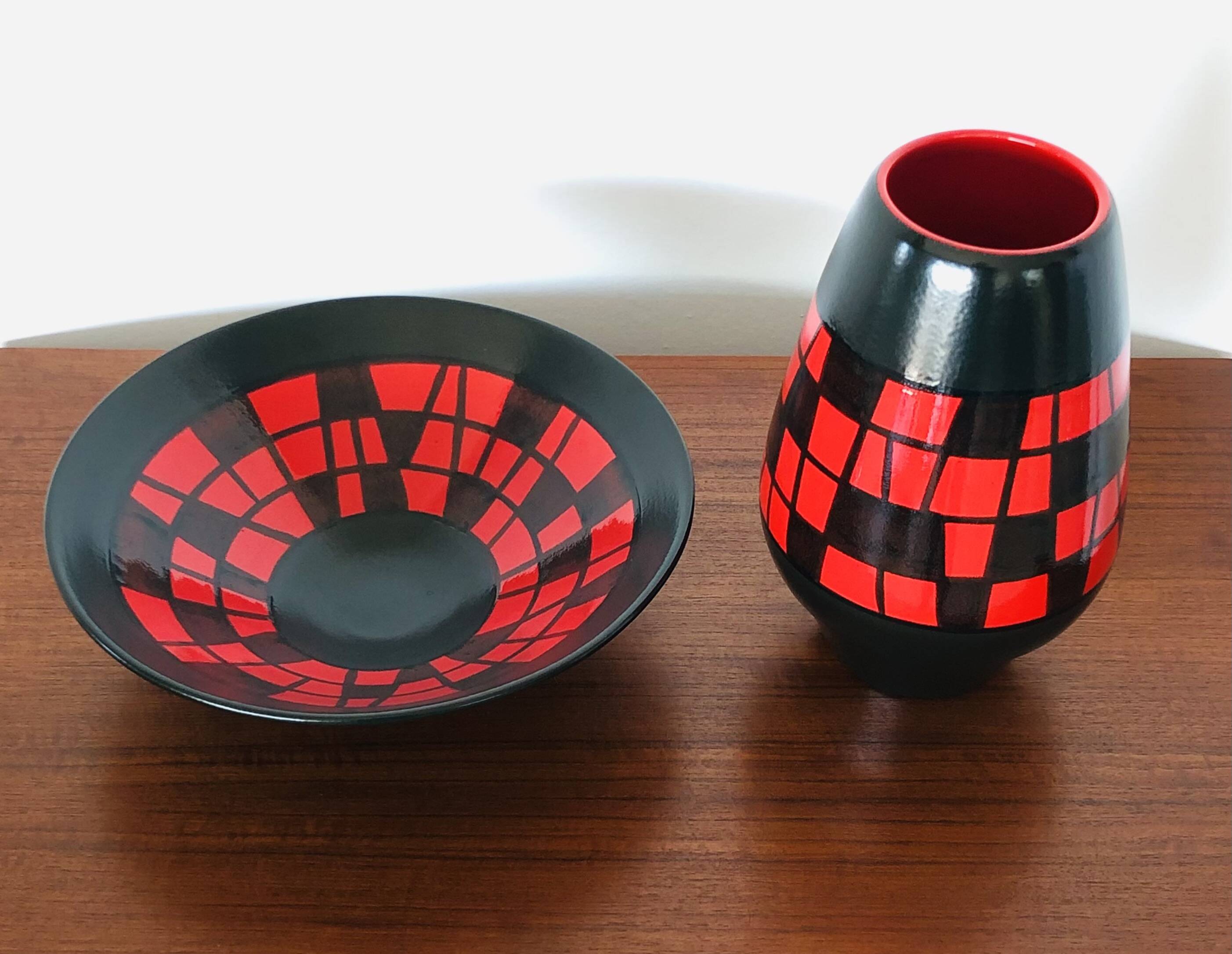 Piriform vase in red and black ceramic by Elchinger, France 1960s