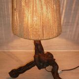 Brutalist lamp in vine stock and vintage rope or fabric lampshade
