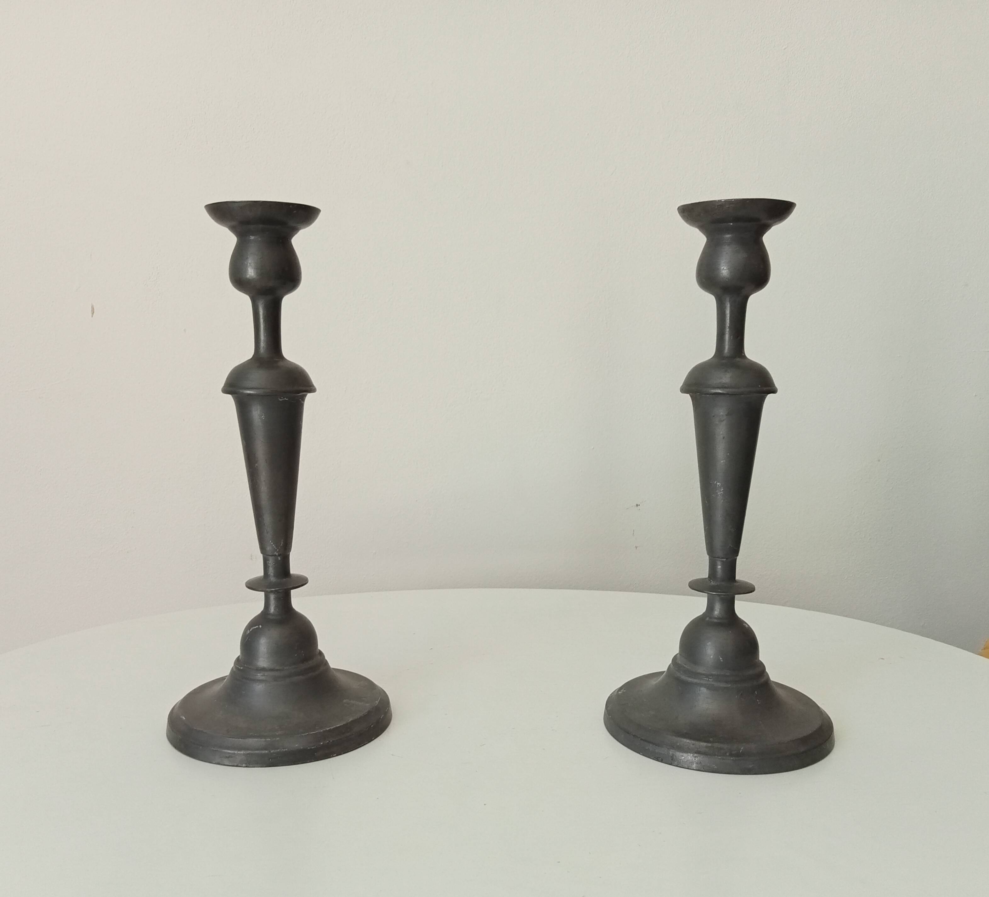 Pair of large old candlesticks in solid pewter