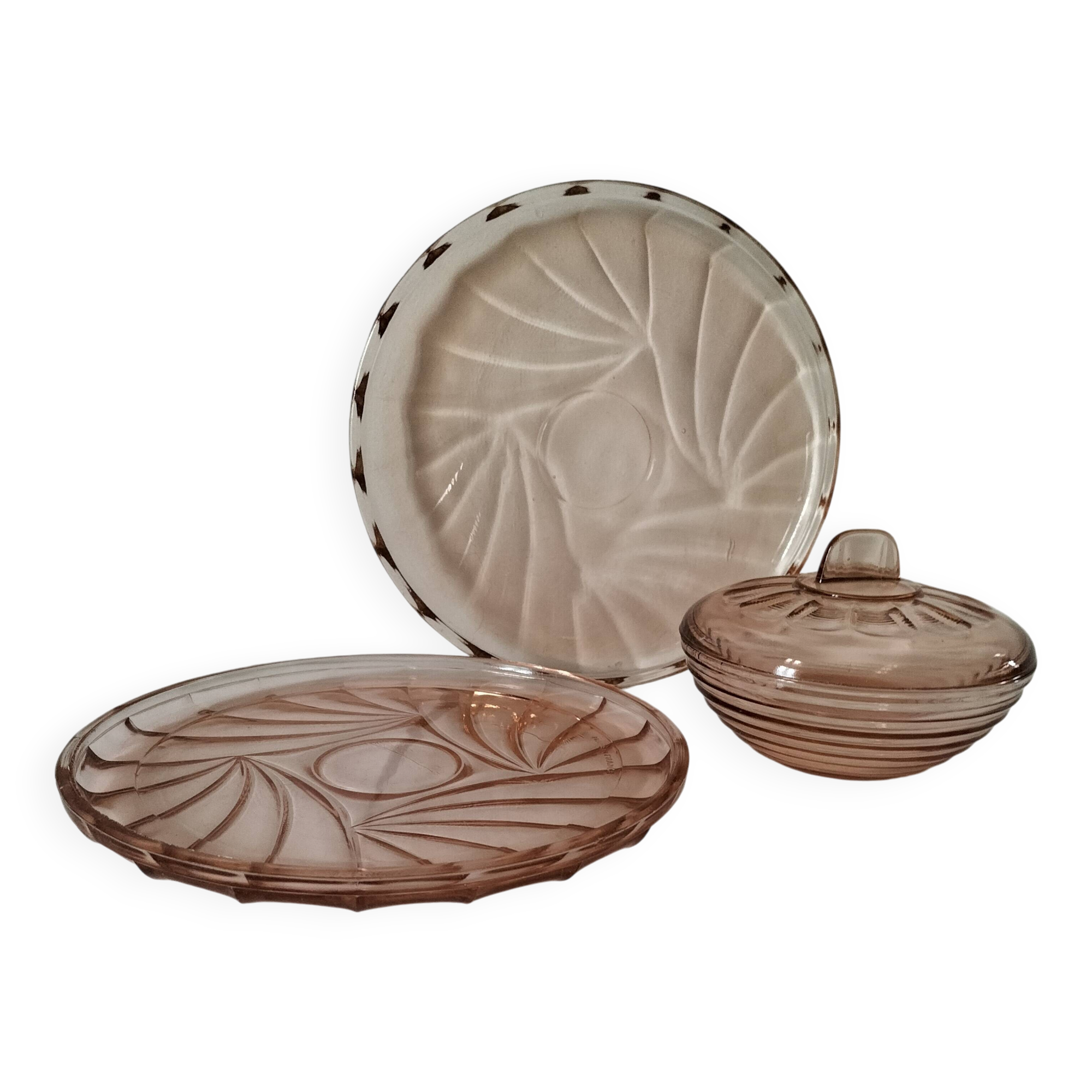 Orange-pink pressed glass trio