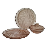 Orange-pink pressed glass trio