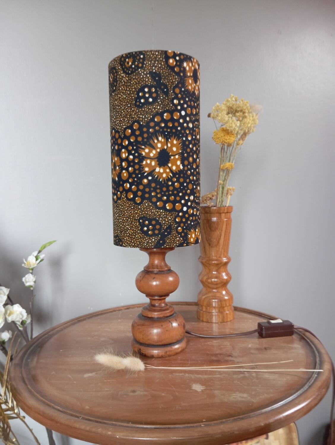 Vintage turned wood table lamp, ethnic chic wax drum lampshade