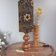 Vintage turned wood table lamp, ethnic chic wax drum lampshade