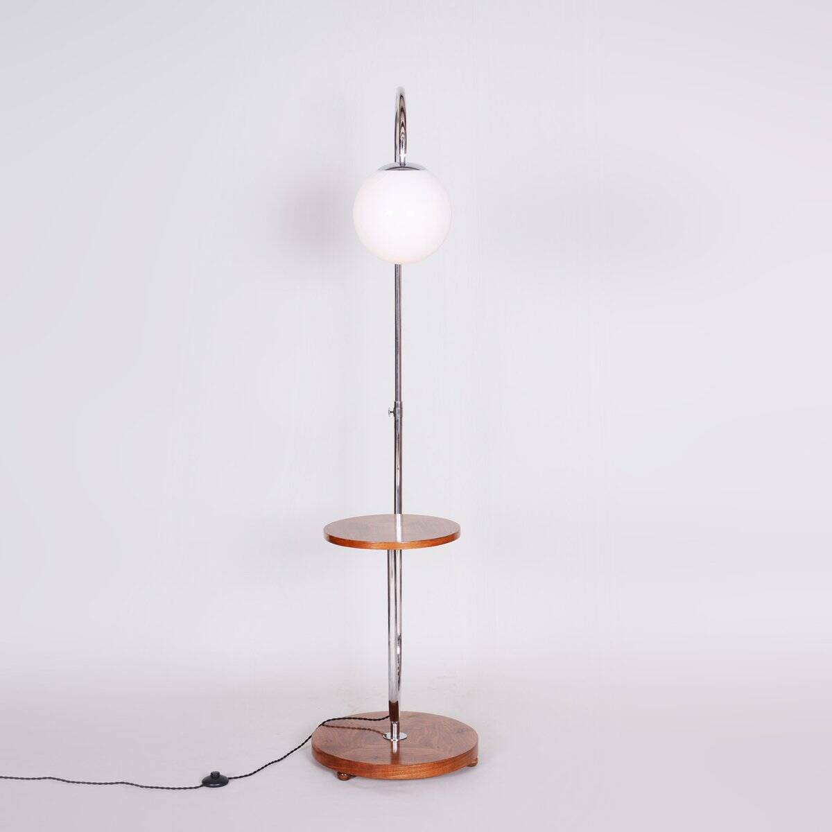 Bauhaus Adjustable Floor Lamp in Walnut and Chrome attributed to R. Slezák, Czech, 1930s