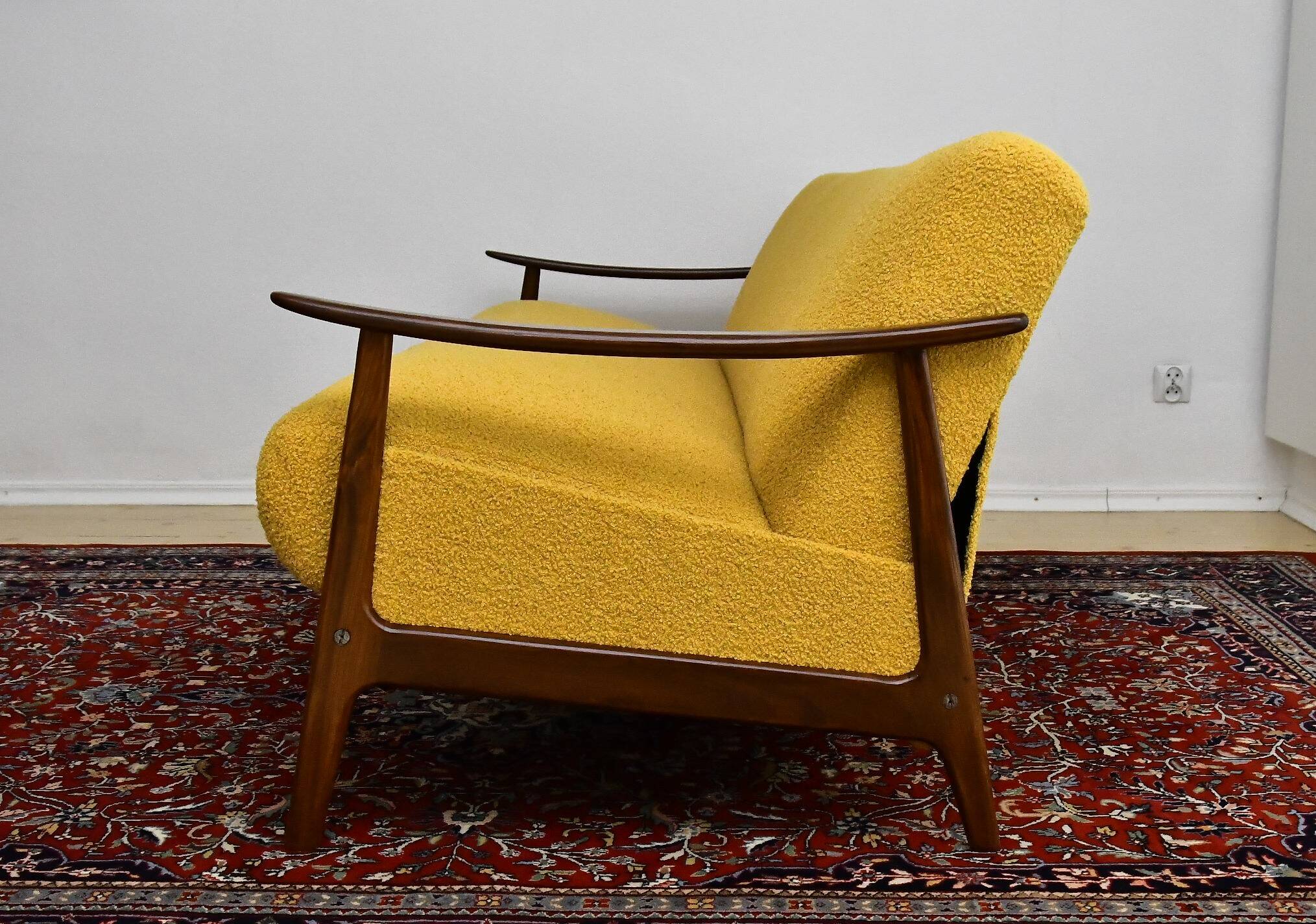 Scandinavian folding sofa in yellow curly teak, 1960s