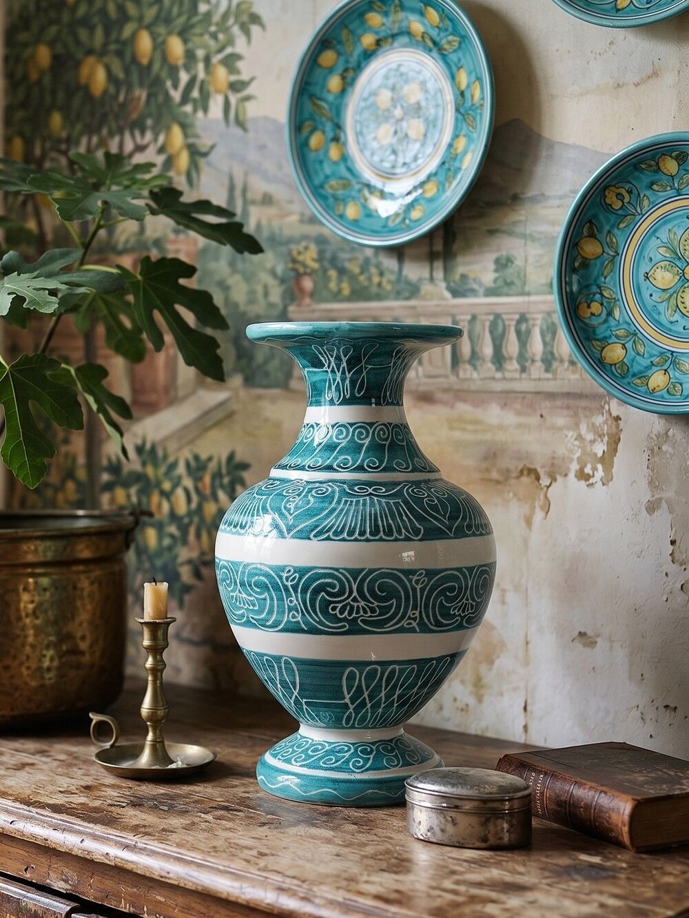 Vintage turquoise ceramic baluster vase with incised decoration.