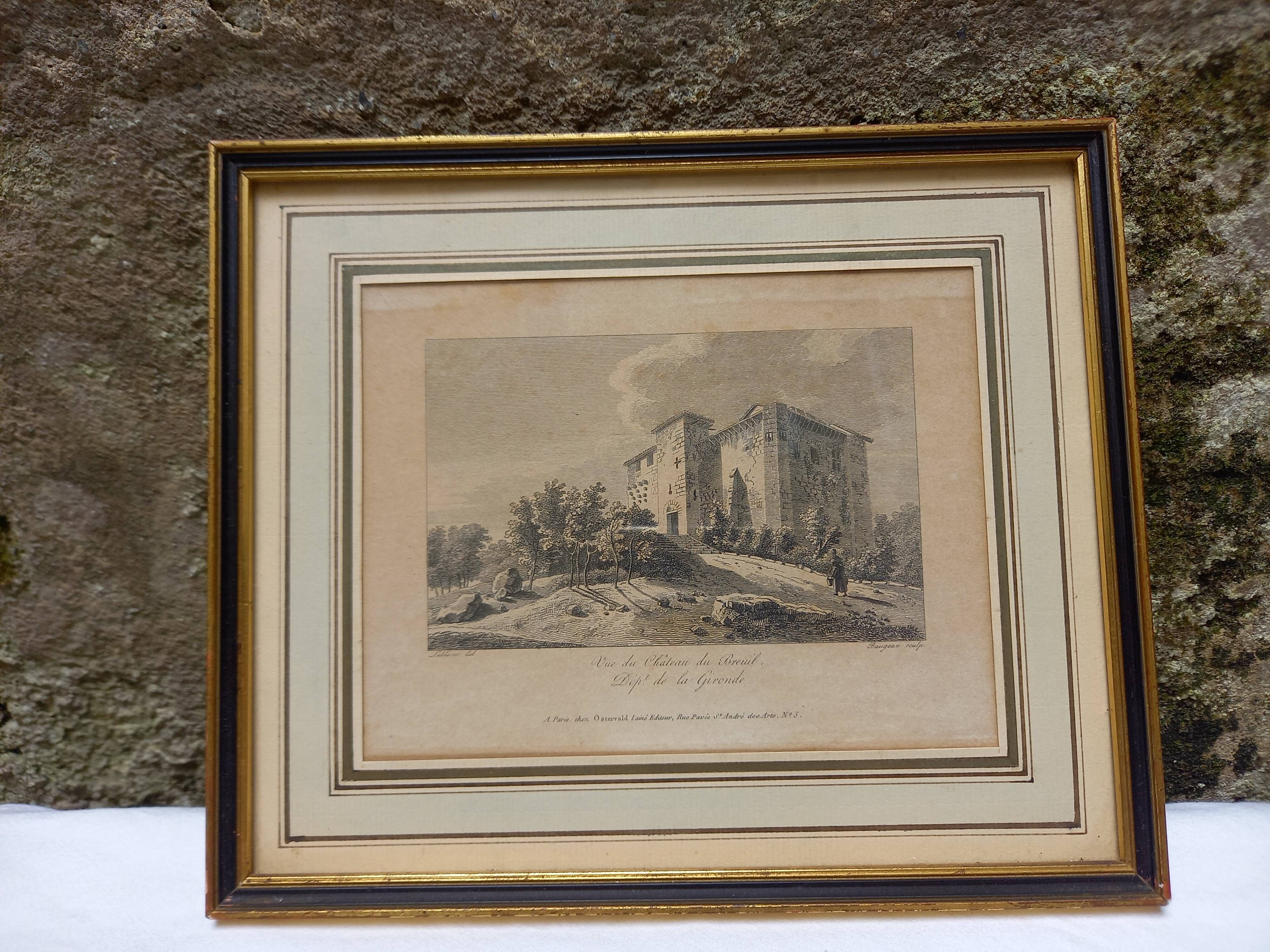 Old engraving, view of the Château de Breuil, Bordeaux castle, Gironde
