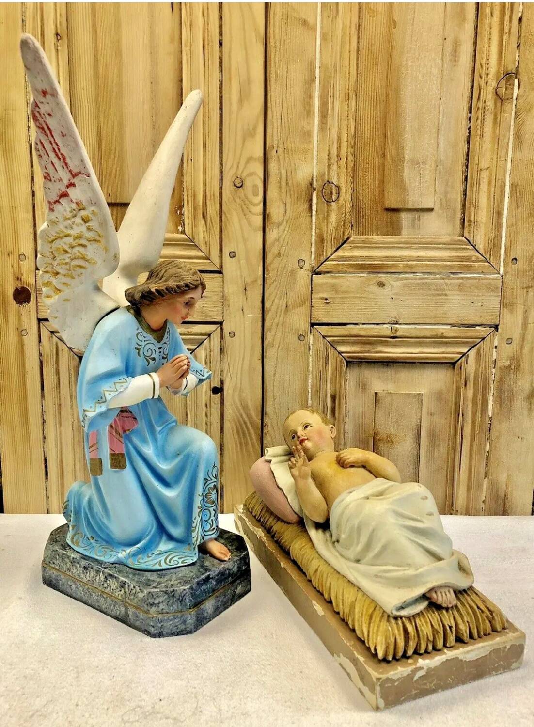 Large altar angel 42.5 cm plaster church statue sulphide eyes XIX