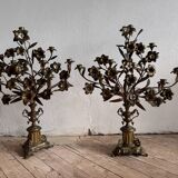 Pair of large 9-light altar candelabra, 19th century, in bronze and brass