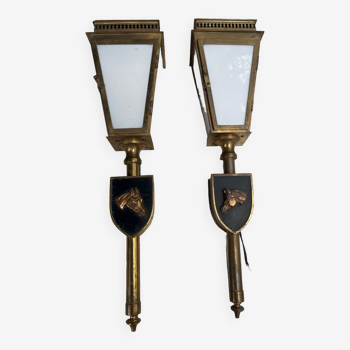 Pair of brass and opaline glass wall lights