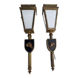 Pair of brass and opaline glass wall lights