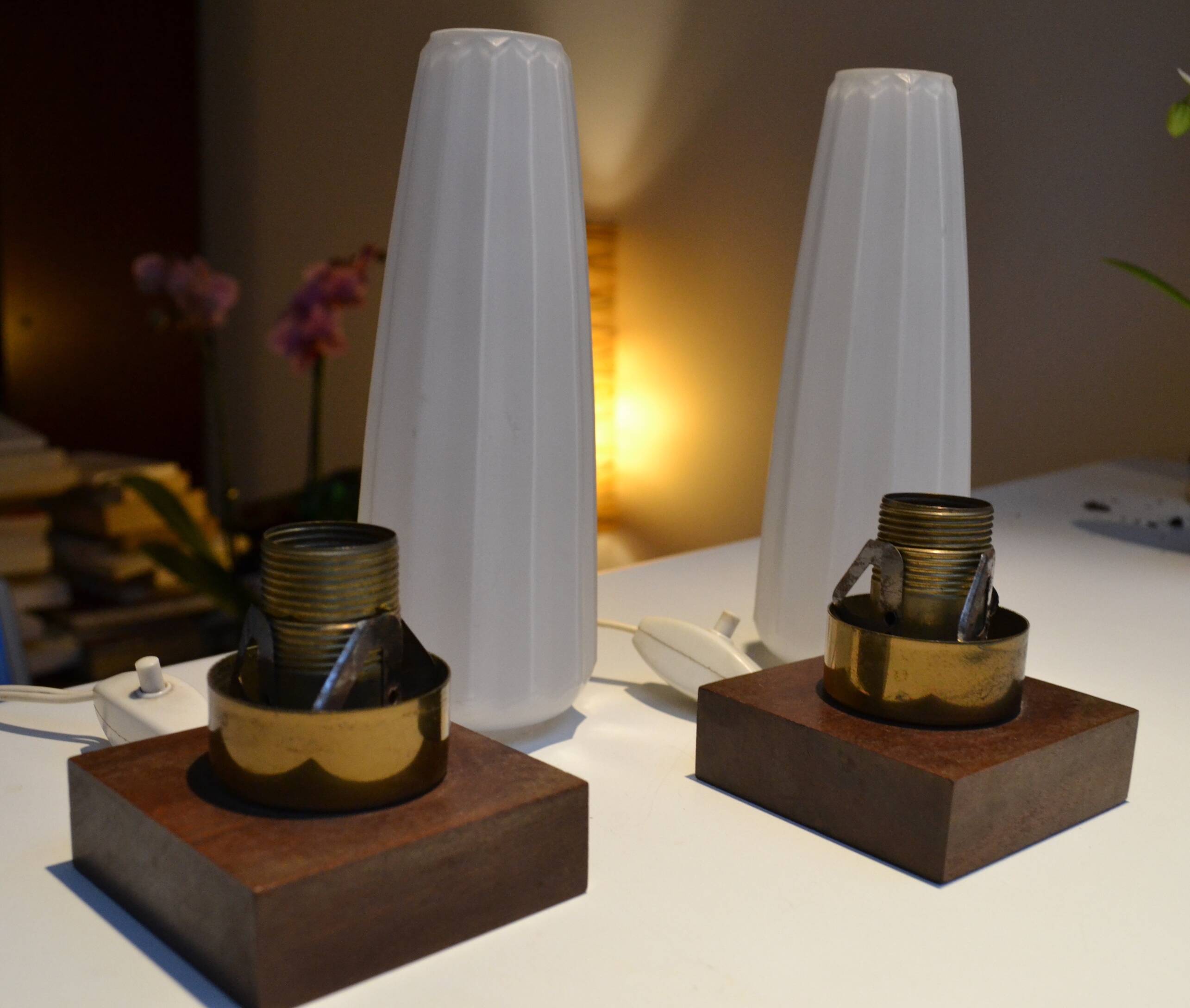 Pair of Scandinavian opaline teak bedside lamps