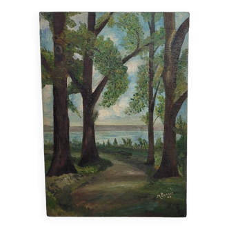 Tableau peinture ancienne paysage 1948 signé M.Bordat