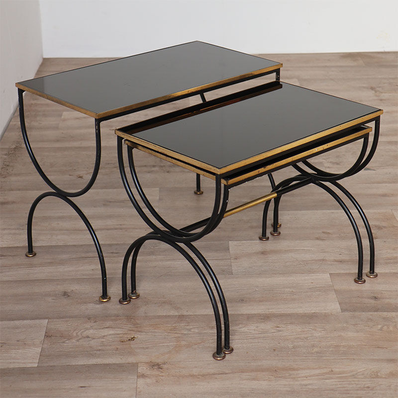 Vintage nesting tables in metal and black opaline glass 1950