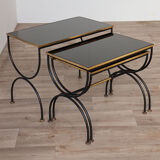Vintage nesting tables in metal and black opaline glass 1950