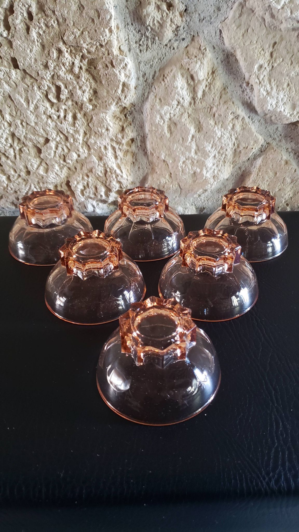 6 coupelles verre rose pied étoile