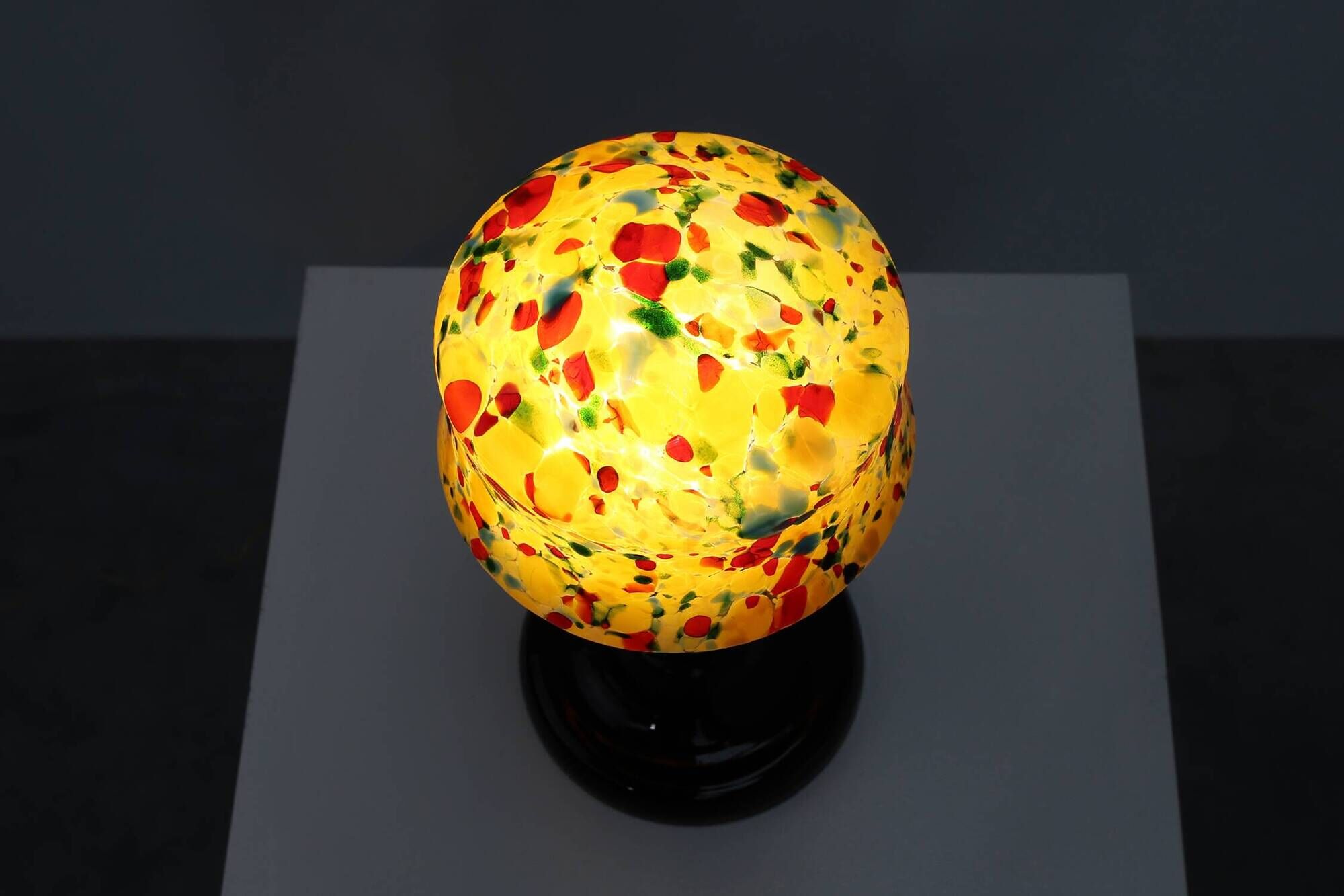 French Art Deco Table Lamp with Multicolored Spatter Glass Shade and Black