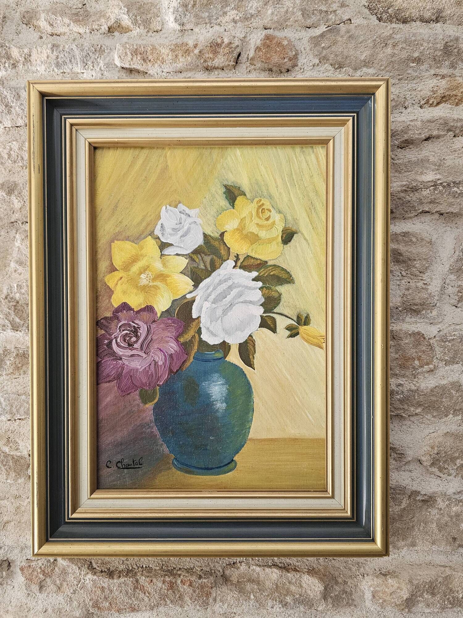 Oil on Canvas Board - Bouquet of Roses Signed Chantal Cogniard