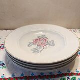 Set of 4 HBCM Creil et Montereau Pastel blue soup plates with pink pattern
