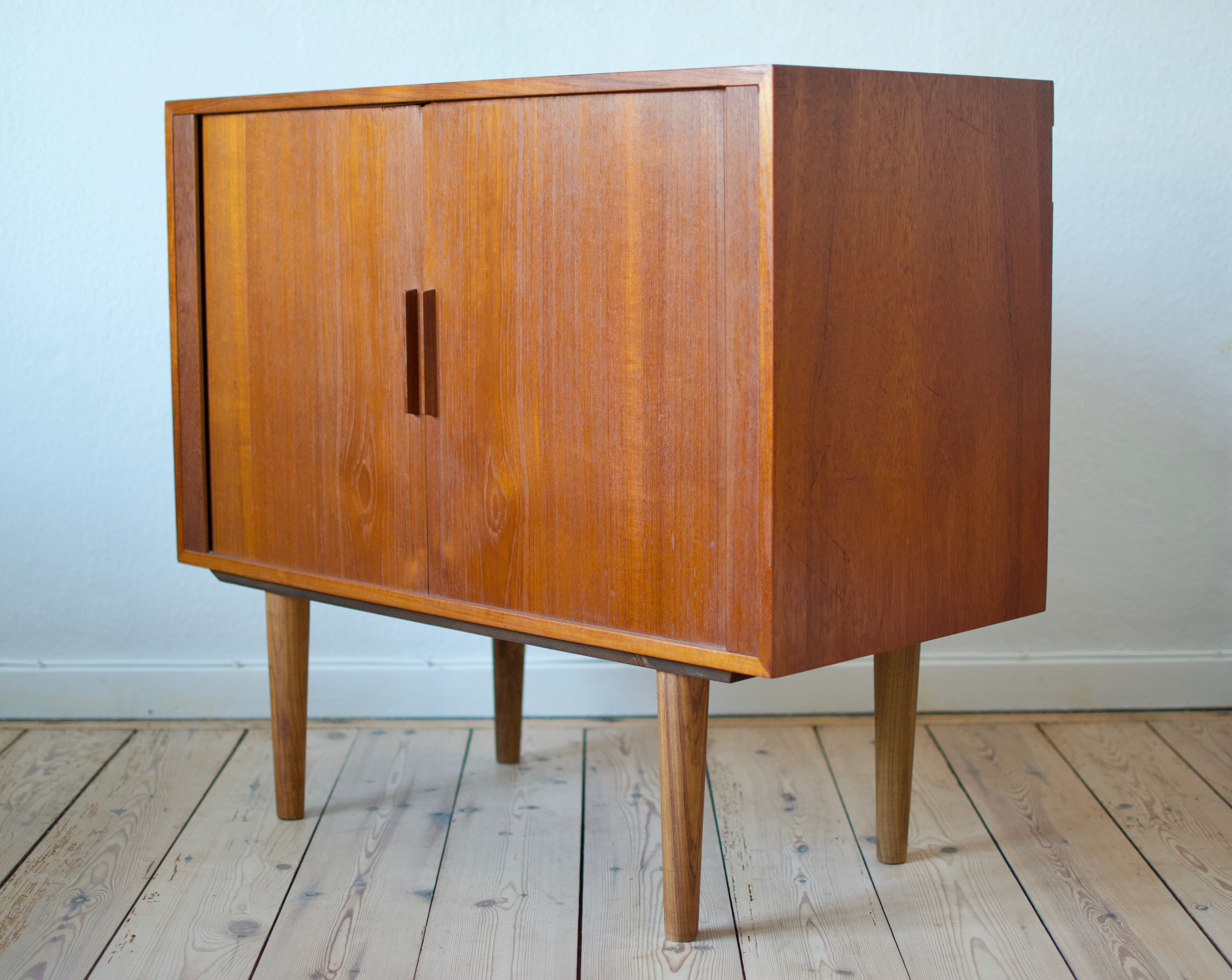 Danish mid century Kai Kristiansen teak tambour door record player cabinet, 1960s