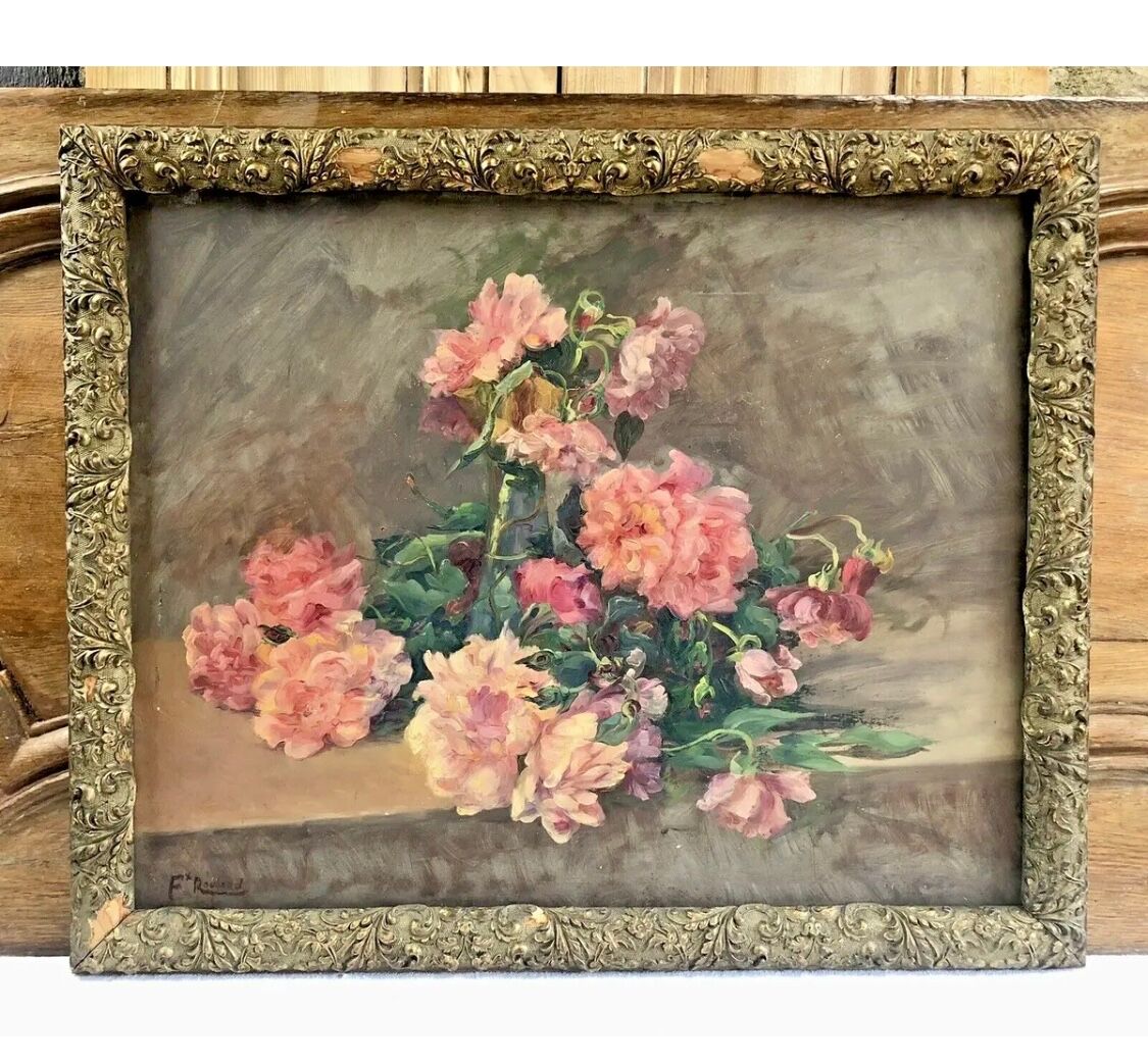 François Félix Roubaud Still life oil on wooden panel bouquet roses peonies XIX