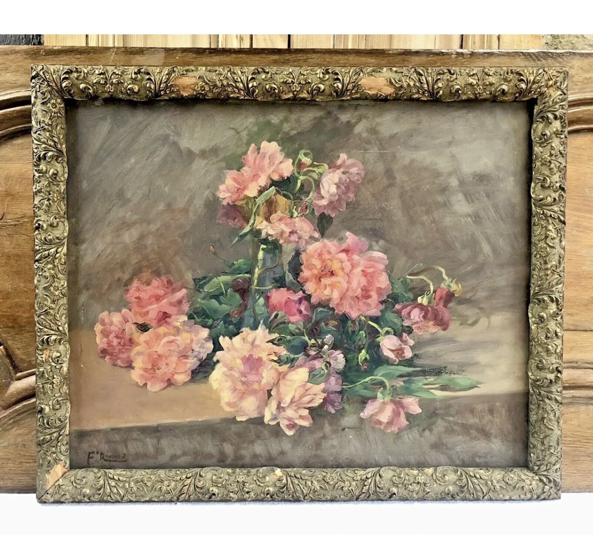 François Félix Roubaud Still life oil on wooden panel bouquet roses peonies XIX