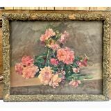 François Félix Roubaud Still life oil on wooden panel bouquet roses peonies XIX