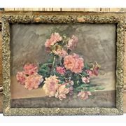 François Félix Roubaud Still life oil on wooden panel bouquet roses peonies XIX